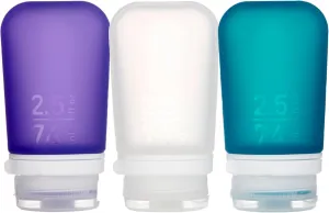 humangear GoToob  3-Pack (Medium) | Refillable Silicone Travel Bottle | Locking Lid | Food-Safe Material, Clear/Purple/Teal, Medium (2.5 fl.oz.; 74ml)