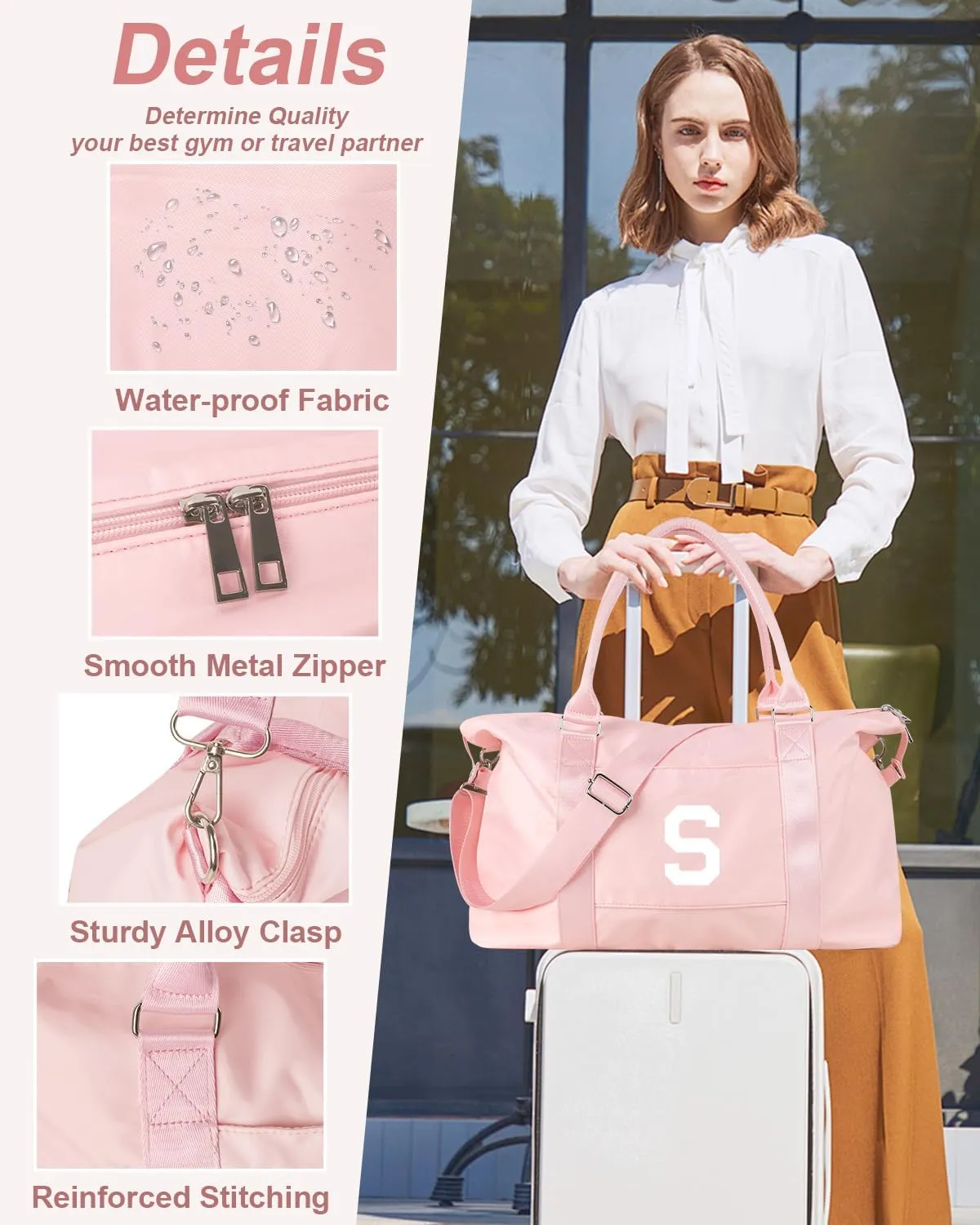 Initial Travel Duffel Bag Sports Gym Bag for Girls Teen Birthday Gifts,Pink Personalized Weekender Bag Carry On Tote Bags for Women Men,Waterproof Overnight Luggage Bag with Trolley Sleeve(Letter S)