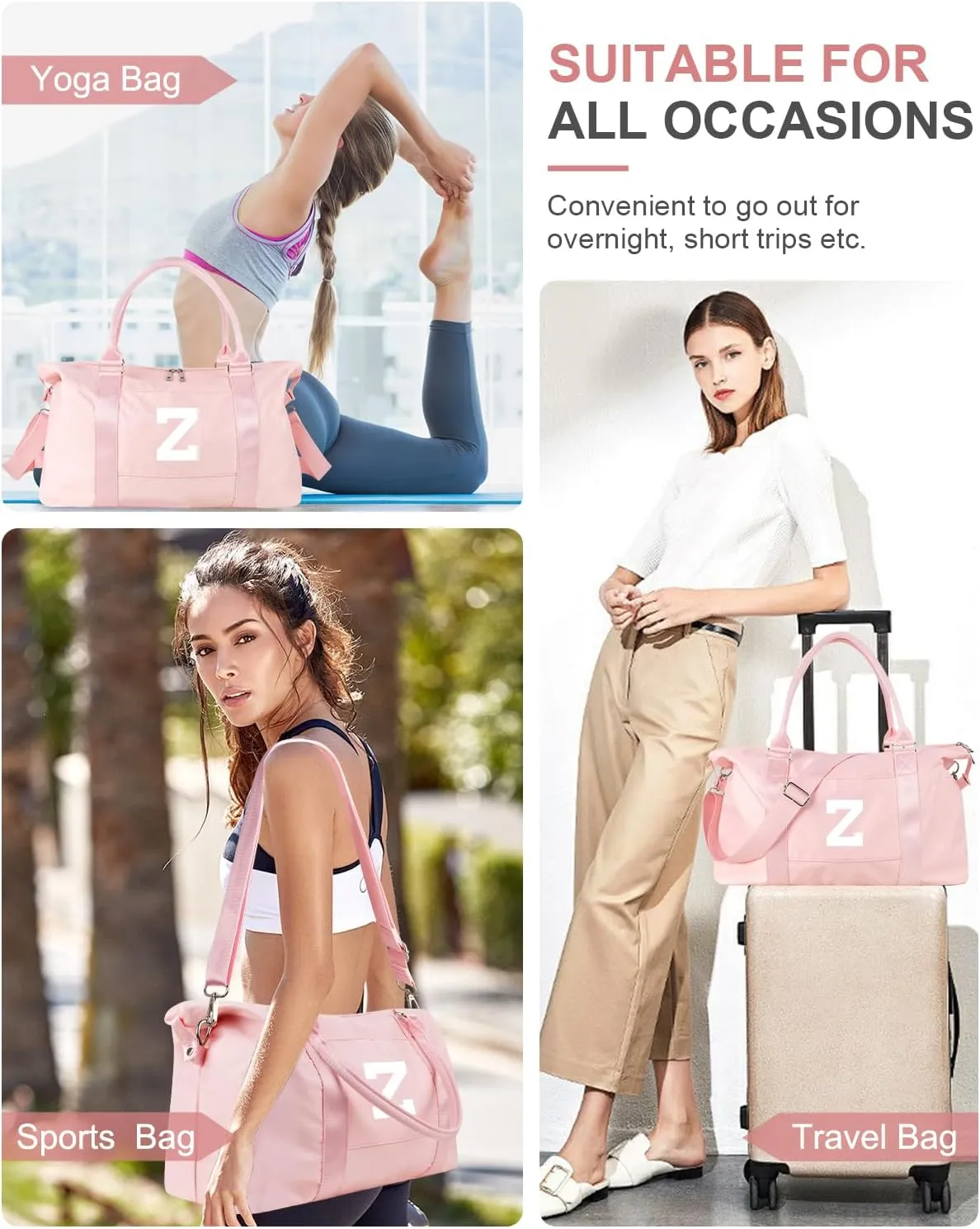 Initial Travel Duffel Bag Sports Gym Bag for Girls Teen Birthday Gifts,Pink Personalized Weekender Bag Carry On Tote Bags for Women Men,Waterproof Overnight Luggage Bag with Trolley Sleeve(Letter Z)