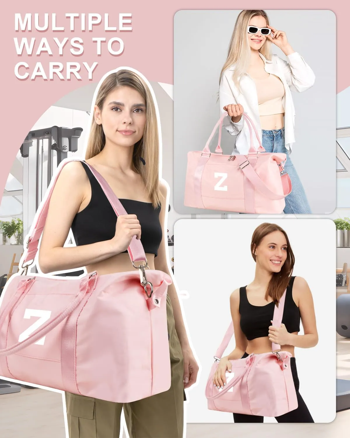 Initial Travel Duffel Bag Sports Gym Bag for Girls Teen Birthday Gifts,Pink Personalized Weekender Bag Carry On Tote Bags for Women Men,Waterproof Overnight Luggage Bag with Trolley Sleeve(Letter Z)