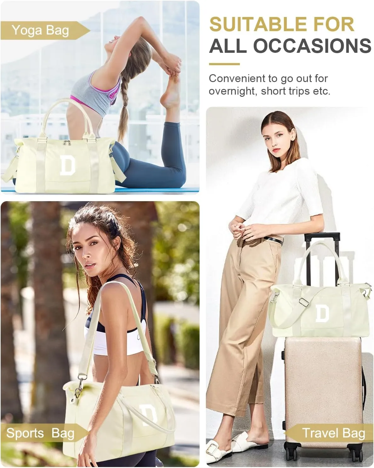 Initial Travel Duffel Bag Sports Gym Bag for Kids Teen Birthday Gifts,Beige Personalized Weekender Bag Carry On Dance Bags for Women Men,Waterproof Monogram Overnight Bag with Trolley Sleeve(Letter D)