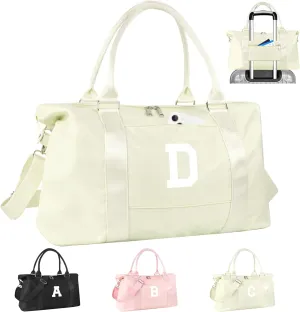 Initial Travel Duffel Bag Sports Gym Bag for Kids Teen Birthday Gifts,Beige Personalized Weekender Bag Carry On Dance Bags for Women Men,Waterproof Monogram Overnight Bag with Trolley Sleeve(Letter D)