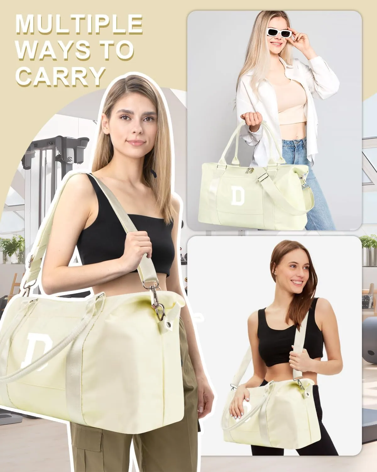 Initial Travel Duffel Bag Sports Gym Bag for Kids Teen Birthday Gifts,Beige Personalized Weekender Bag Carry On Dance Bags for Women Men,Waterproof Monogram Overnight Bag with Trolley Sleeve(Letter D)