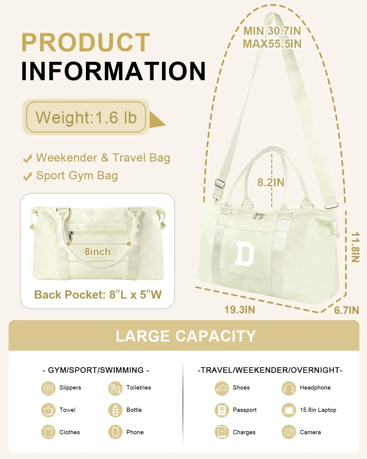 Initial Travel Duffel Bag Sports Gym Bag for Kids Teen Birthday Gifts,Beige Personalized Weekender Bag Carry On Dance Bags for Women Men,Waterproof Monogram Overnight Bag with Trolley Sleeve(Letter D)