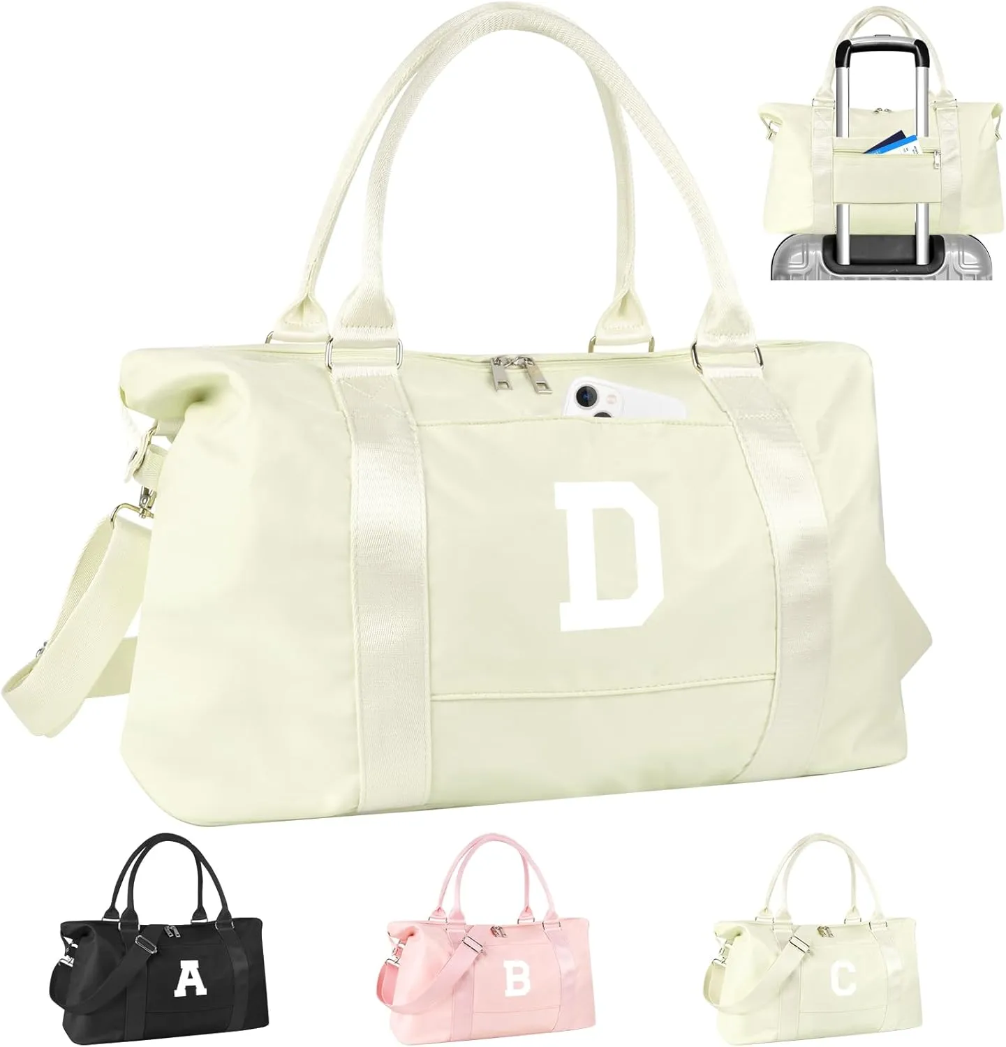Initial Travel Duffel Bag Sports Gym Bag for Kids Teen Birthday Gifts,Beige Personalized Weekender Bag Carry On Dance Bags for Women Men,Waterproof Monogram Overnight Bag with Trolley Sleeve(Letter D)