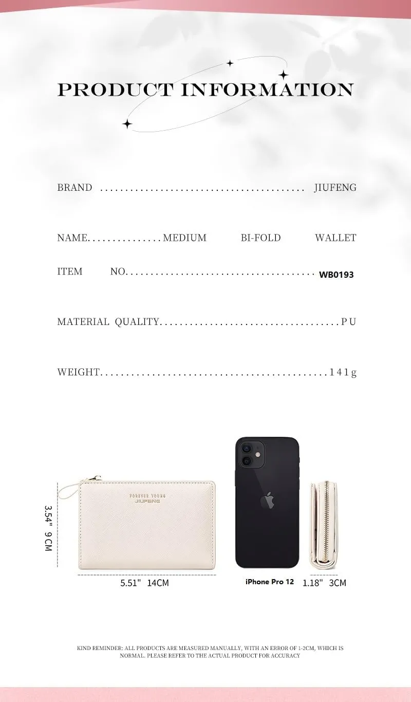 JIUFENG Women Zipper Wallet RFID Blocking Multi Purpose Coin Pouches Credit Card Holder Short Purses