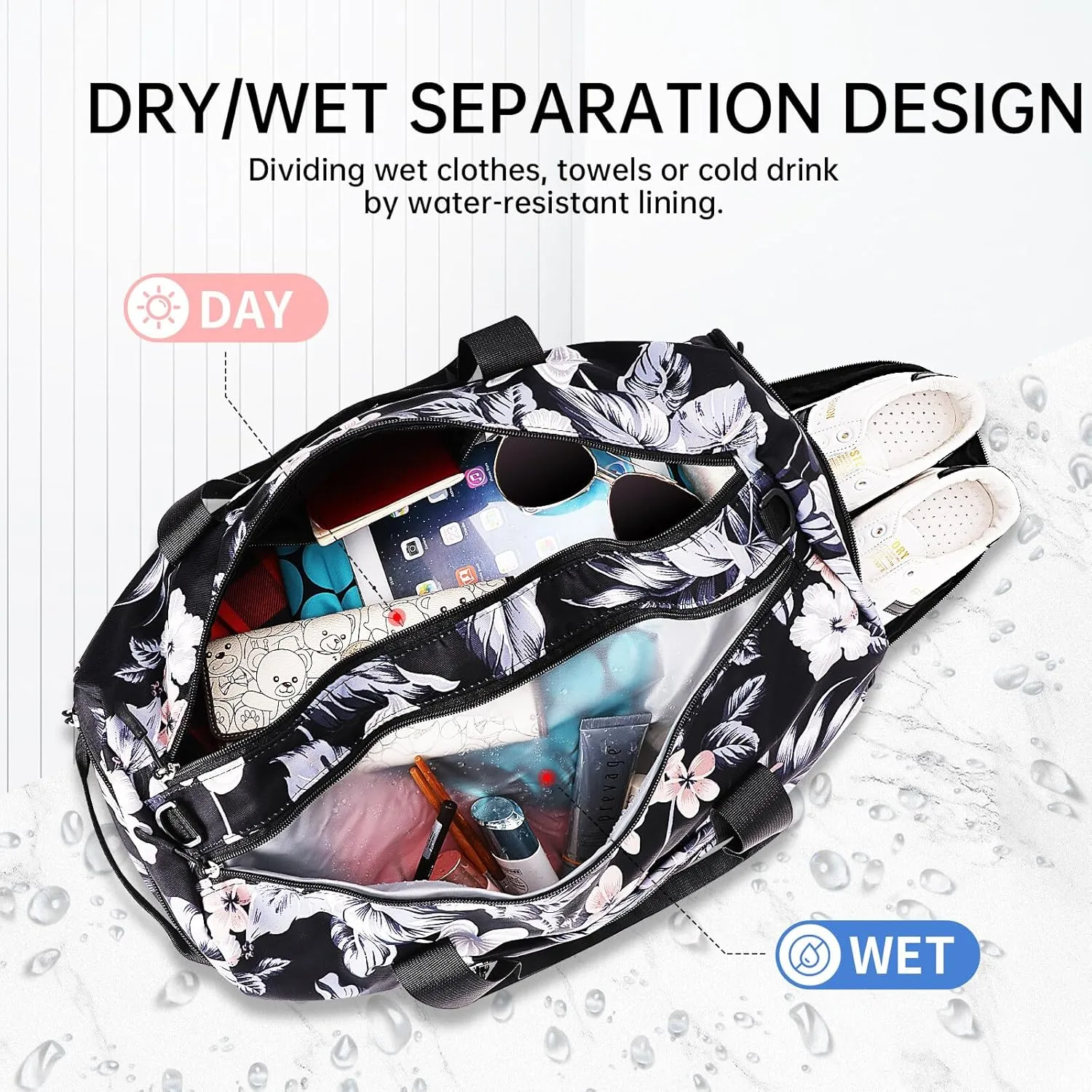 KAMO Travel Duffle Bag, Weekender Bags for Women with Shoe Compartment, Gym Bag for Women with Wet Pocket Workout Dance Tote Bag Personal Item Travel Bag with Trolley Sleeve