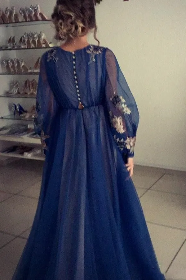 Kateprom Charming A Line Long Sleeve Tulle Appliques Prom Dresses, Long Evening Dresses KPP1462