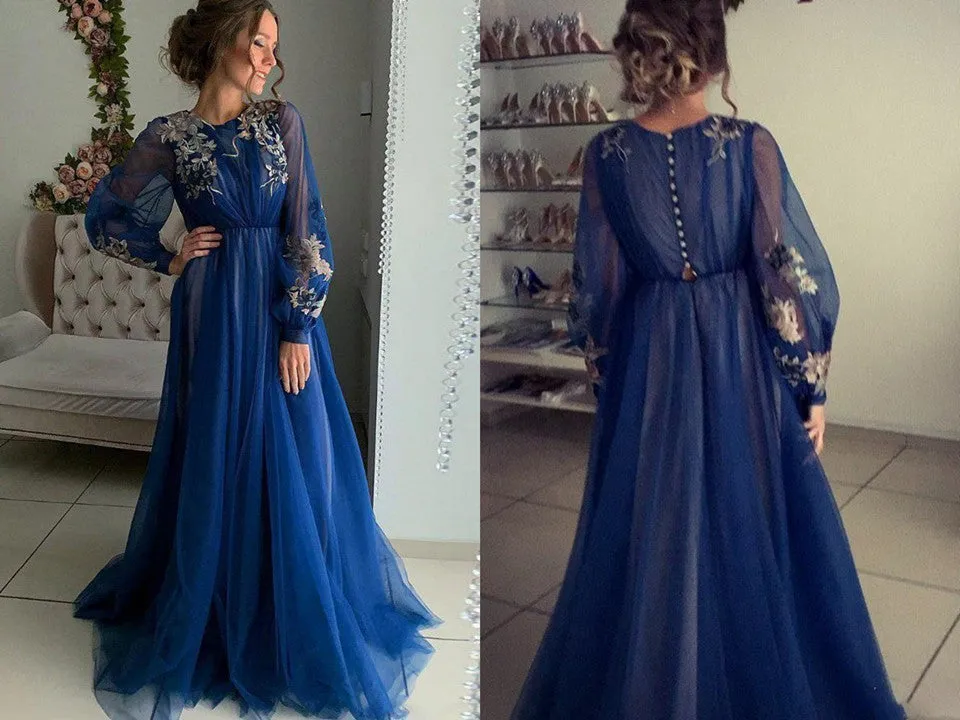 Kateprom Charming A Line Long Sleeve Tulle Appliques Prom Dresses, Long Evening Dresses KPP1462