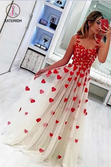 Kateprom Floor Length Straps Tulle Prom Dress with Flowers, A Line Sleeveless Long Evening Dress KPP1223