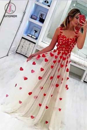 Kateprom Floor Length Straps Tulle Prom Dress with Flowers, A Line Sleeveless Long Evening Dress KPP1223