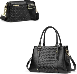 Kattee Soft Genuine Leather Satchel Bags for Women Bundle with Small Woven Women Crossbody Bags