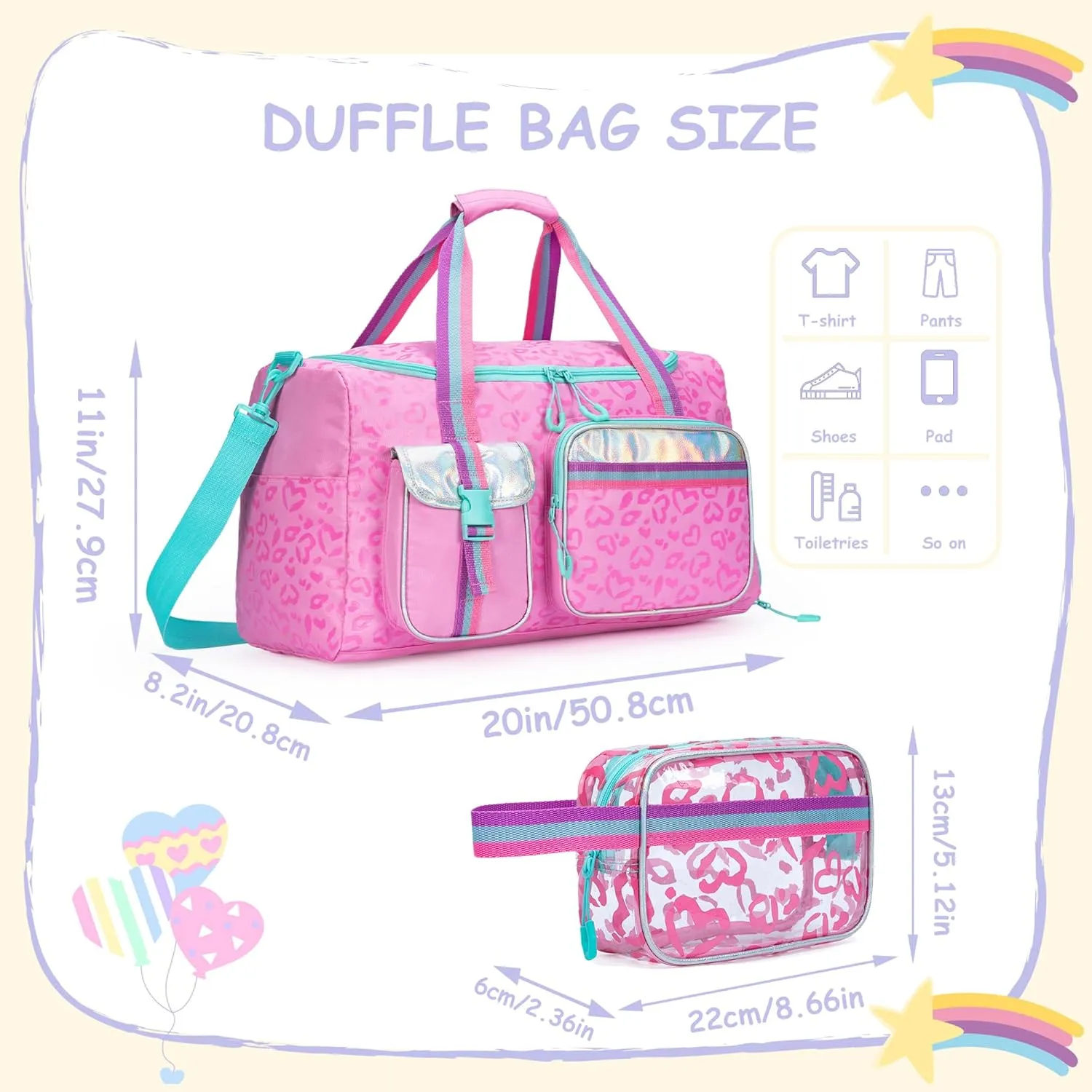 Kids Travel Bags for Girls Duffle Bag Kids Weekender Bags for Girls Dance Bag with Makeup Bag Kids Gym Bag with Toiletry Bag Girls Overnight Bag with Shoes Compartment