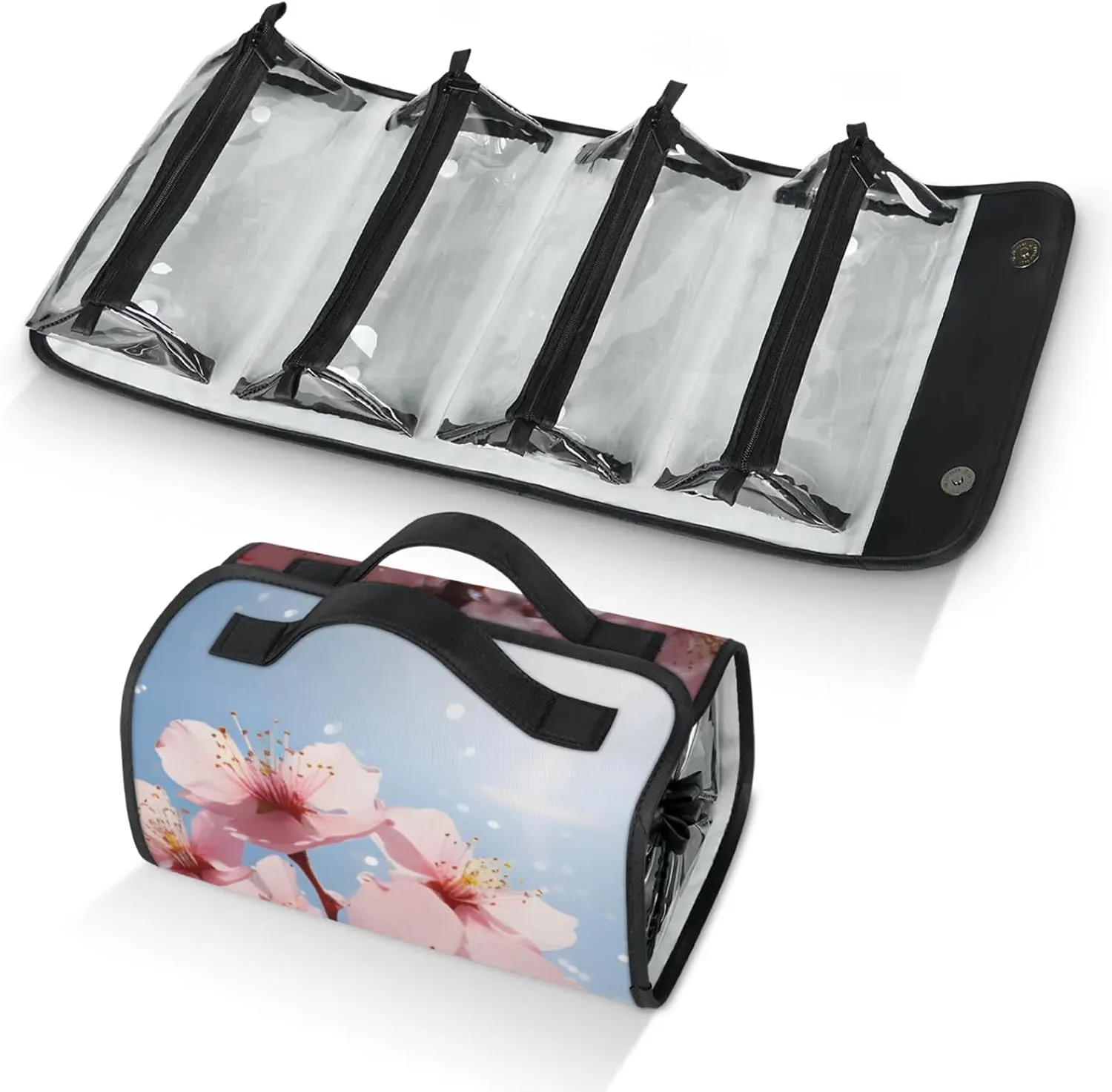 Large Capacity 4-in-1 Hanging Travel Toiletry Bag Storage Organizer With 4 Detachable Removable Zipper Clear Pouches Pink Cherry Blossom