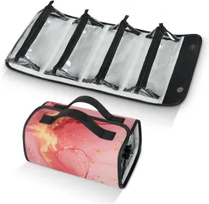 Large Capacity 4-in-1 Hanging Travel Toiletry Bag Storage Organizer With 4 Detachable Removable Zipper Clear Pouches Pink Gold Marble