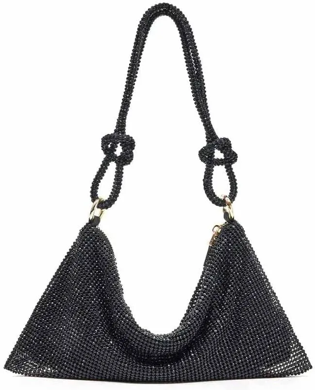 LAVAEGG Women Rhinestone Clutch Bag Hobo Bag, Shiny Purse Evening Handbag Underarm Shoulder Bags for Dinner Party Wedding (All Black)
