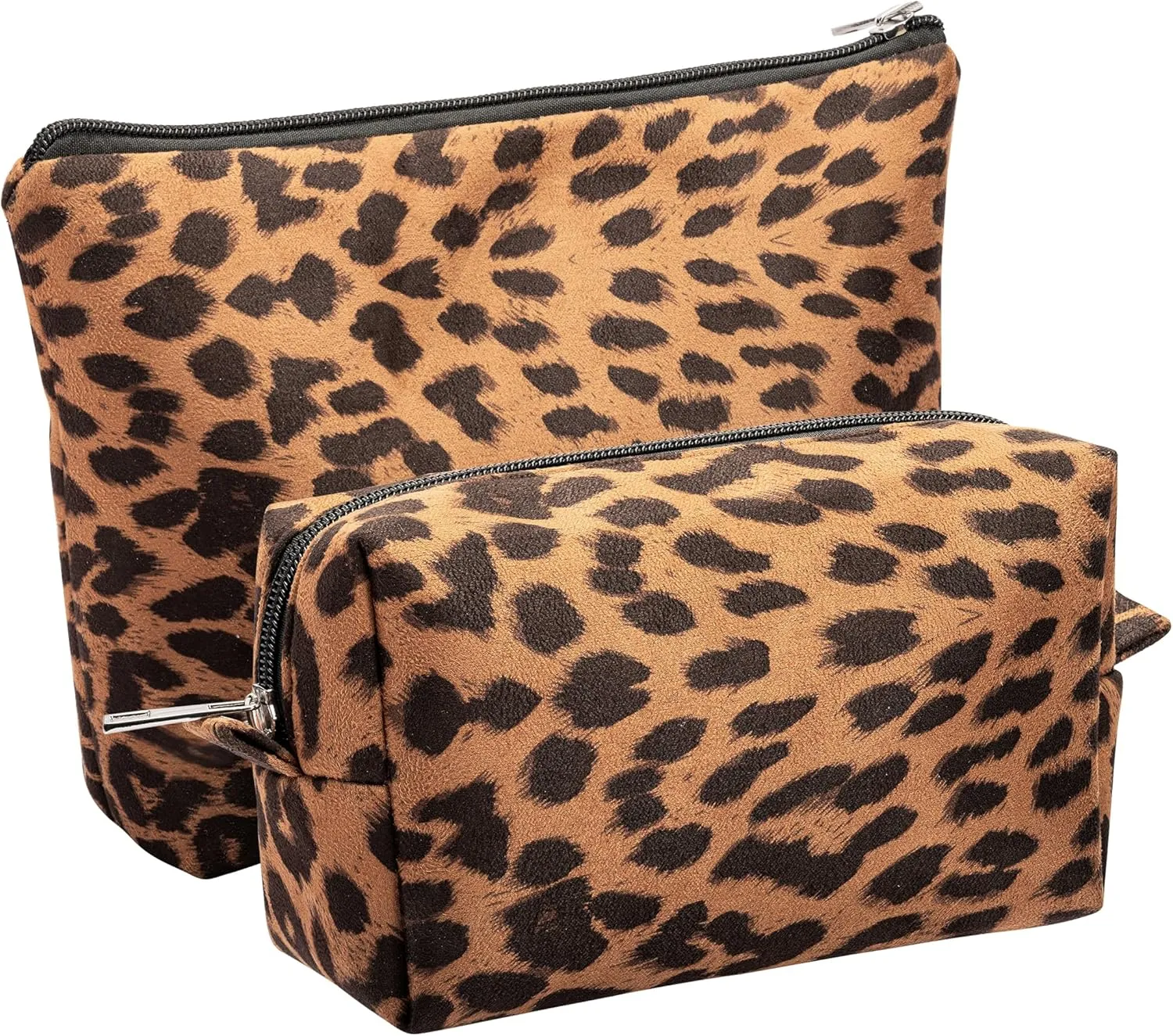 Leopard Print Makeup Bags, 2 Pieces Large Capacity Cosmetic Bags, Travel Toiletry Organizer, Soft Warm Material (Brown)