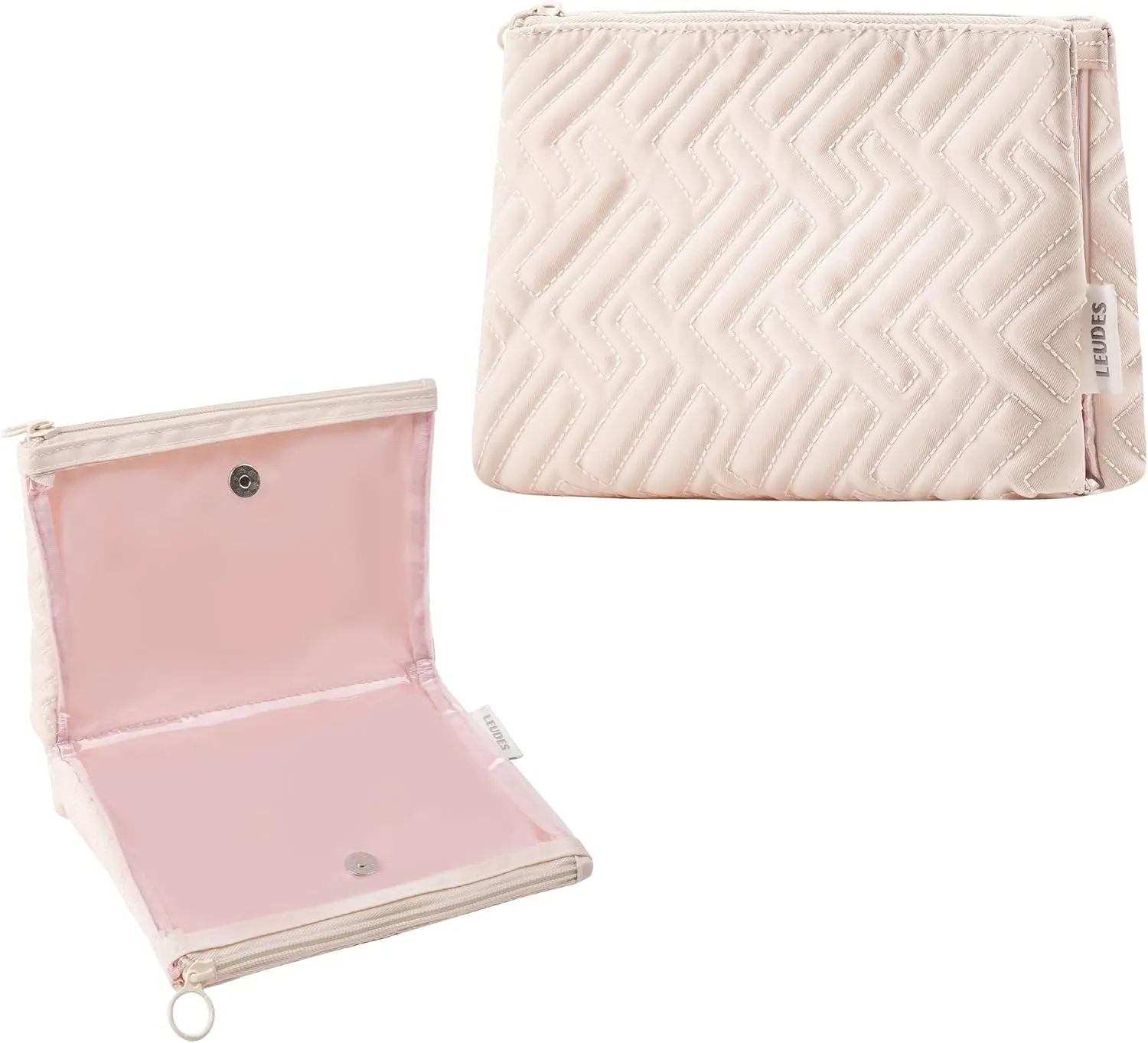 Leudes Makeup Bag Travel Essentials Cute Skincare Pouch Purse Cosmetic Bags for Women Traveling Make Up Organizer Portable Clear Case Toiletry Bag with Zipper (Beige, Medium)