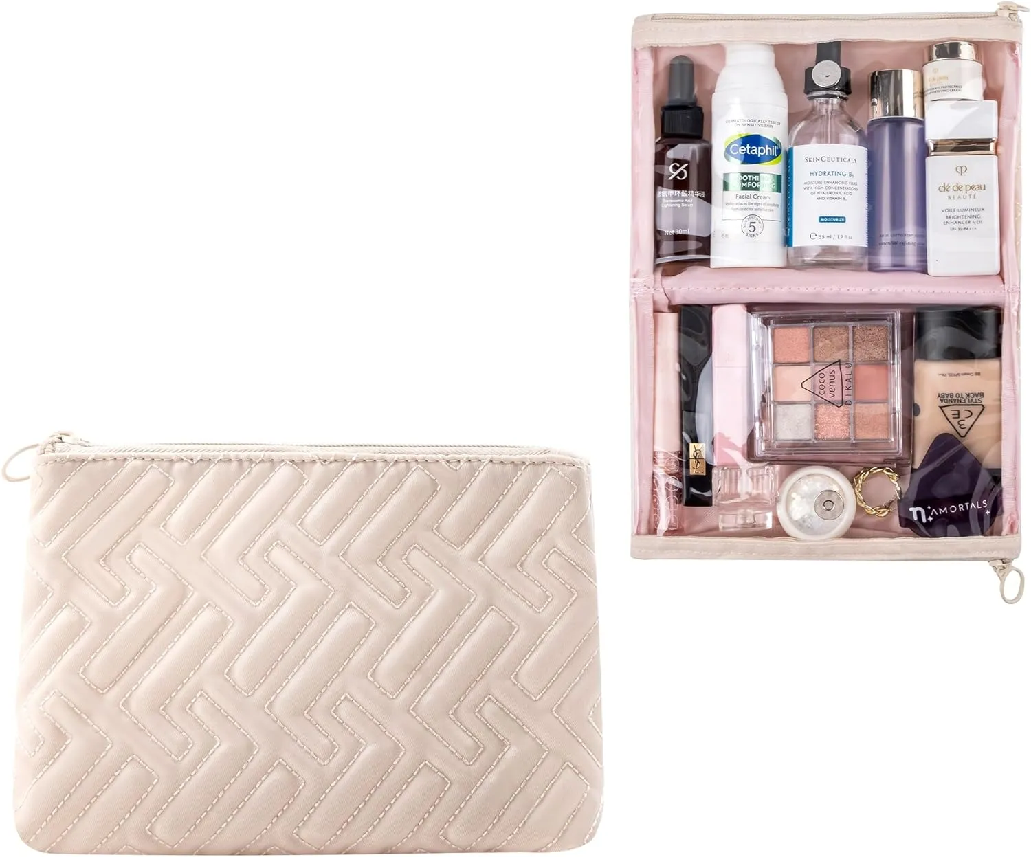 Leudes Makeup Bag Travel Essentials Cute Skincare Pouch Purse Cosmetic Bags for Women Traveling Make Up Organizer Portable Clear Case Toiletry Bag with Zipper (Beige, Medium)