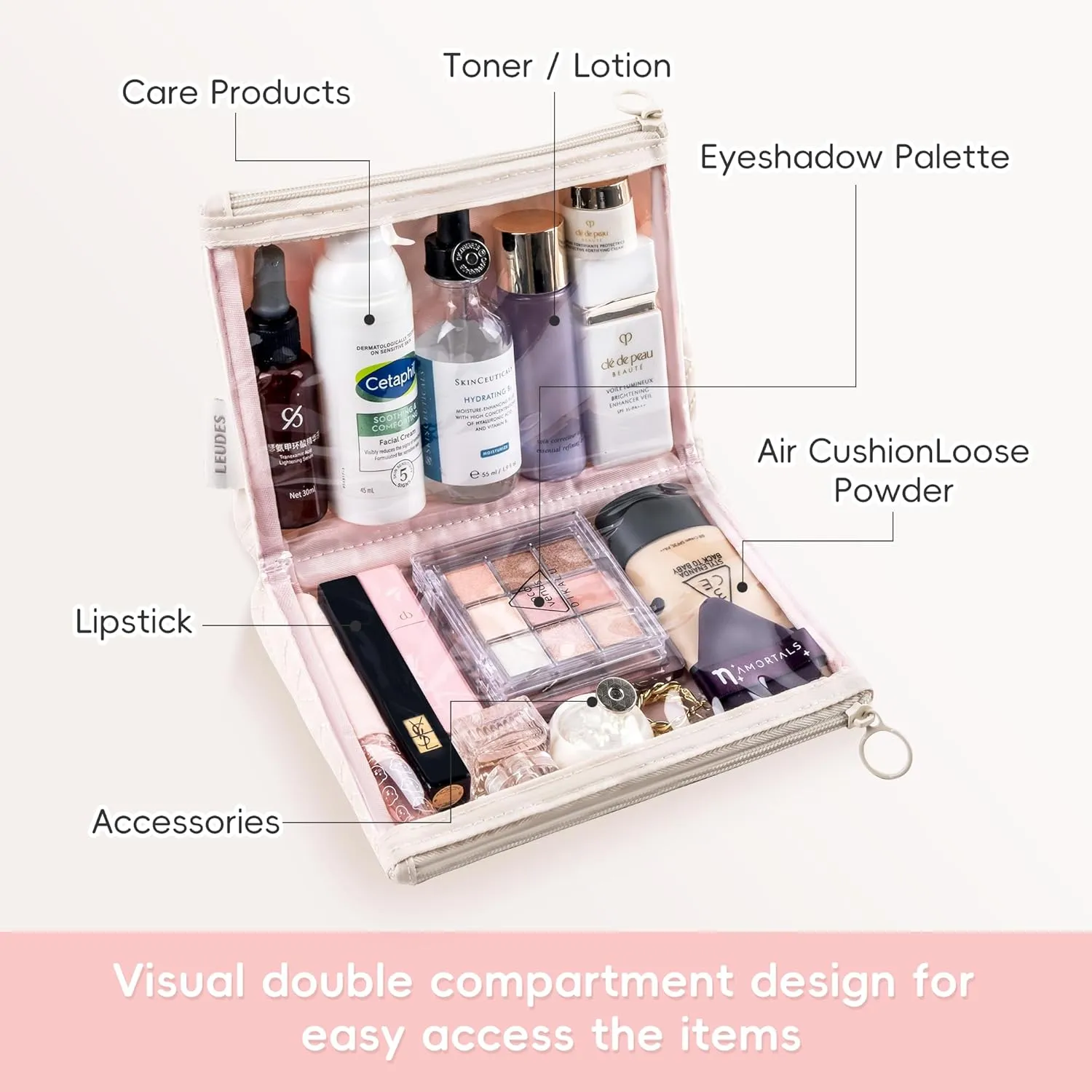 Leudes Makeup Bag Travel Essentials Cute Skincare Pouch Purse Cosmetic Bags for Women Traveling Make Up Organizer Portable Clear Case Toiletry Bag with Zipper (Beige, Medium)