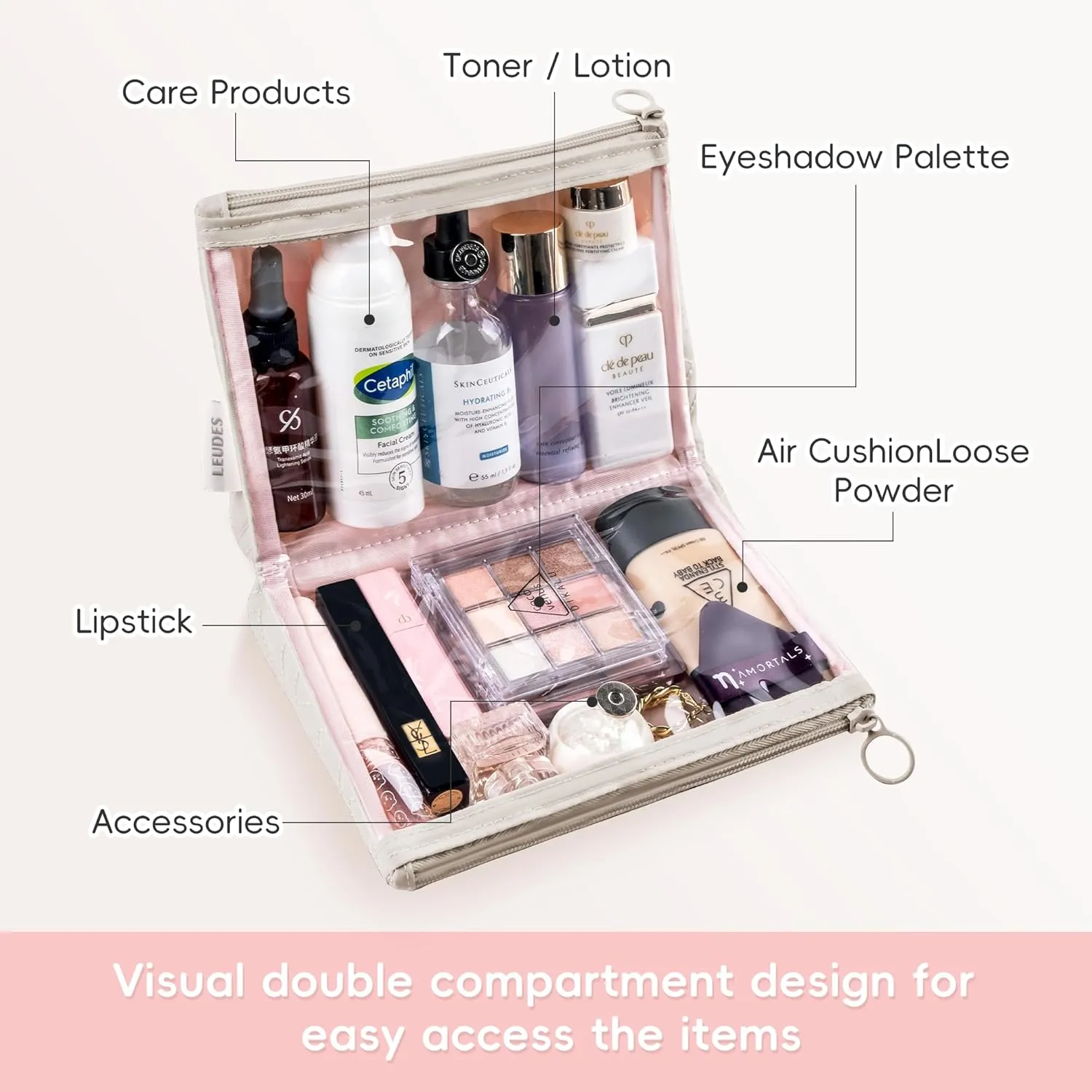 Leudes Makeup Bag Travel Essentials Cute Skincare Pouch Purse Cosmetic Bags for Women Traveling Make Up Organizer Portable Clear Case Toiletry Bag with Zipper (Camel, Medium)