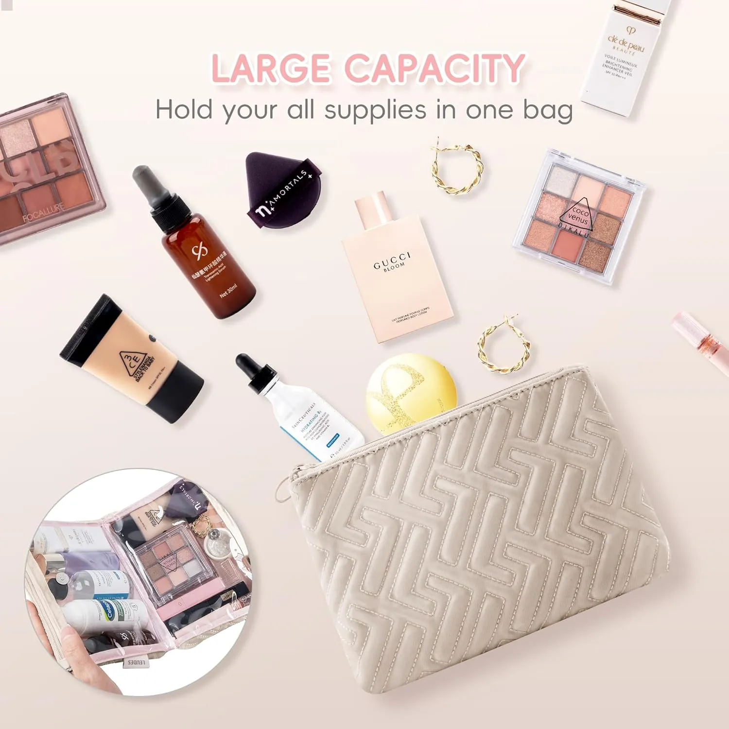 Leudes Makeup Bag Travel Essentials Cute Skincare Pouch Purse Cosmetic Bags for Women Traveling Make Up Organizer Portable Clear Case Toiletry Bag with Zipper (Camel, Medium)