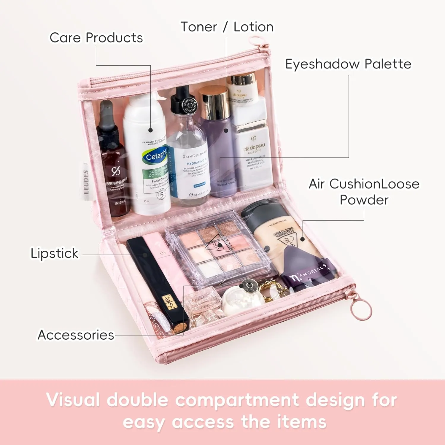 Leudes Makeup Bag Travel Essentials Cute Skincare Pouch Purse Cosmetic Bags for Women Traveling Make Up Organizer Portable Clear Case Toiletry Bag with Zipper (Pink, Medium)