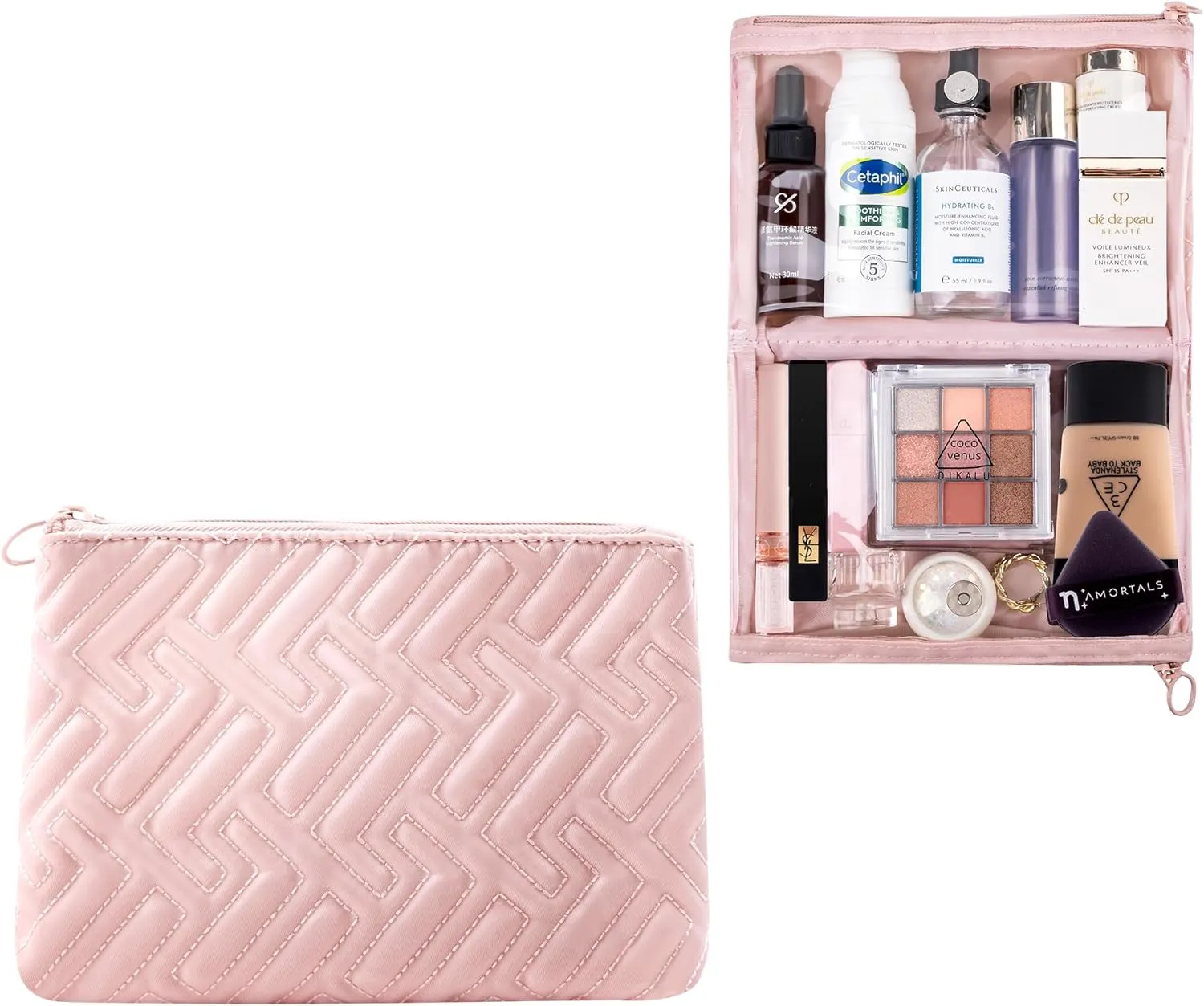 Leudes Makeup Bag Travel Essentials Cute Skincare Pouch Purse Cosmetic Bags for Women Traveling Make Up Organizer Portable Clear Case Toiletry Bag with Zipper (Pink, Medium)