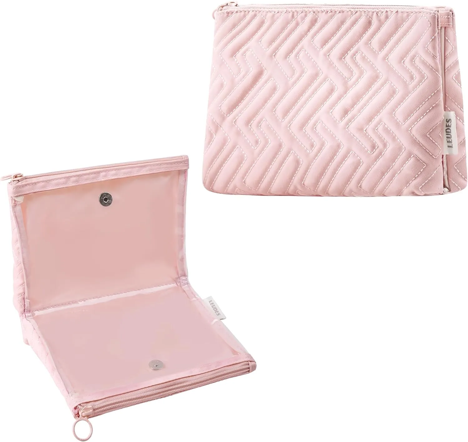 Leudes Makeup Bag Travel Essentials Cute Skincare Pouch Purse Cosmetic Bags for Women Traveling Make Up Organizer Portable Clear Case Toiletry Bag with Zipper (Pink, Medium)