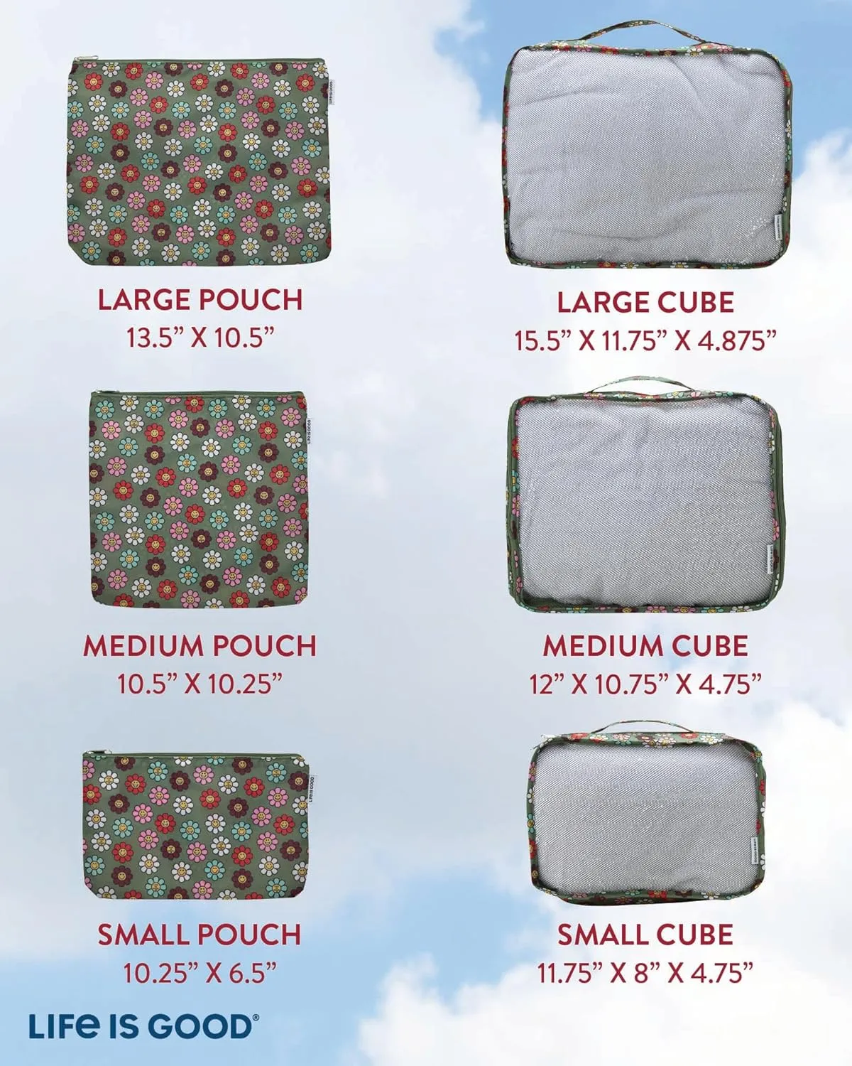 LIFE IS GOOD 6 Piece Packing Cube Set - Tear Resistant Mulifunctional Apparel and Accessory Storage, Happy Daisy