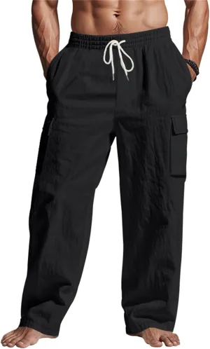 Linen Cargo Pants for Men Summer Casual Elastic Waist Pants with Pockets Relaxed Fit Beach Yoga Travel Lounge Pants