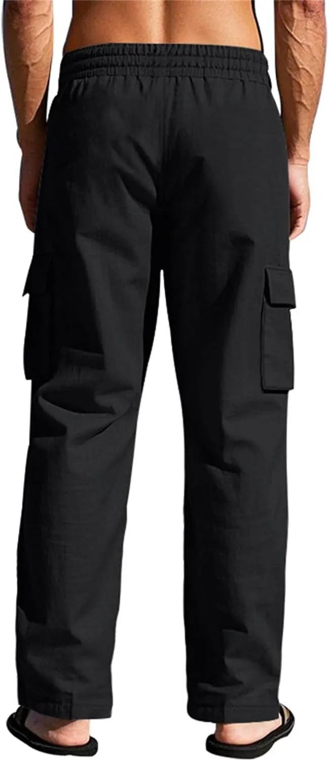 Linen Cargo Pants for Men Summer Casual Elastic Waist Pants with Pockets Relaxed Fit Beach Yoga Travel Lounge Pants