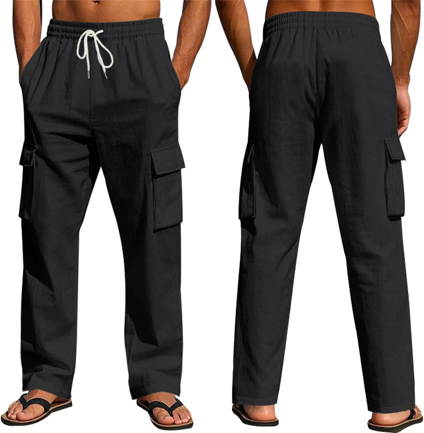 Linen Cargo Pants for Men Summer Casual Elastic Waist Pants with Pockets Relaxed Fit Beach Yoga Travel Lounge Pants