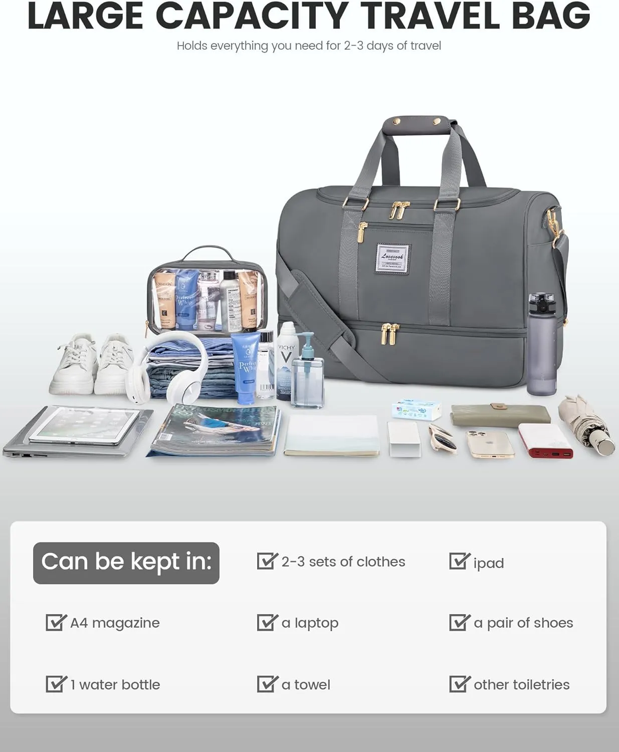 LOVEVOOK Gym bag for Women,Weekender Overnight Bag with Shoe Compartment, Personal Item Travel Duffle Bag with Toiletry Bag & Wet Pocket, Carry on Duffel Bags, Hospital Bags for Labor and Delivery