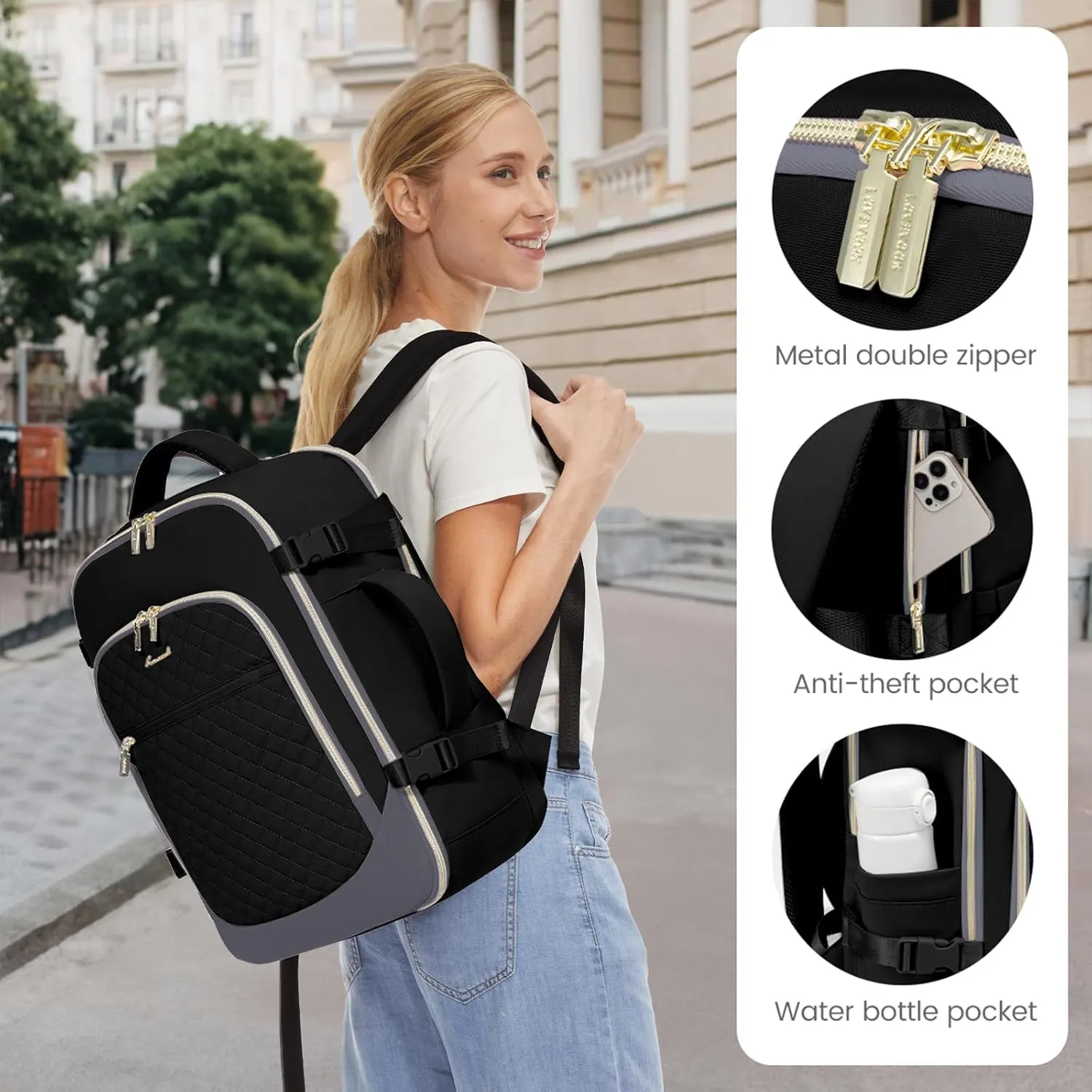 LOVEVOOK Travel Backpack for Women, 15.6in Laptop Backpack TSA Approved Carry on Luggage Personal Item Travel Bag for Business Weekender Hiking, Black-Gray