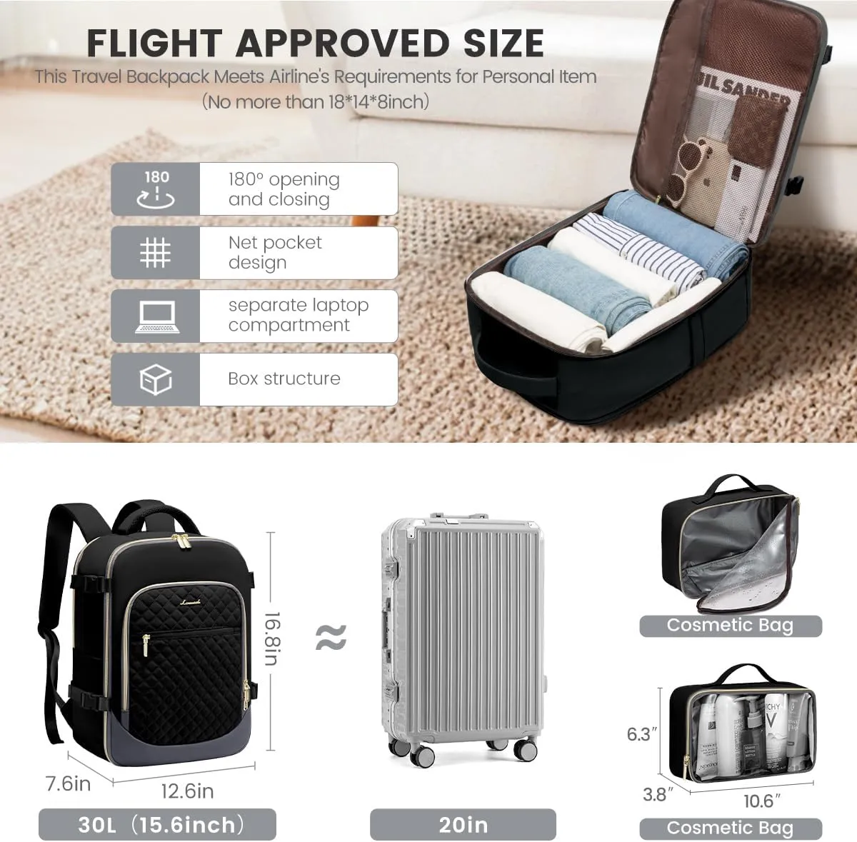 LOVEVOOK Travel Backpack for Women, 15.6in Laptop Backpack TSA Approved Carry on Luggage Personal Item Travel Bag for Business Weekender Hiking, Black-Gray