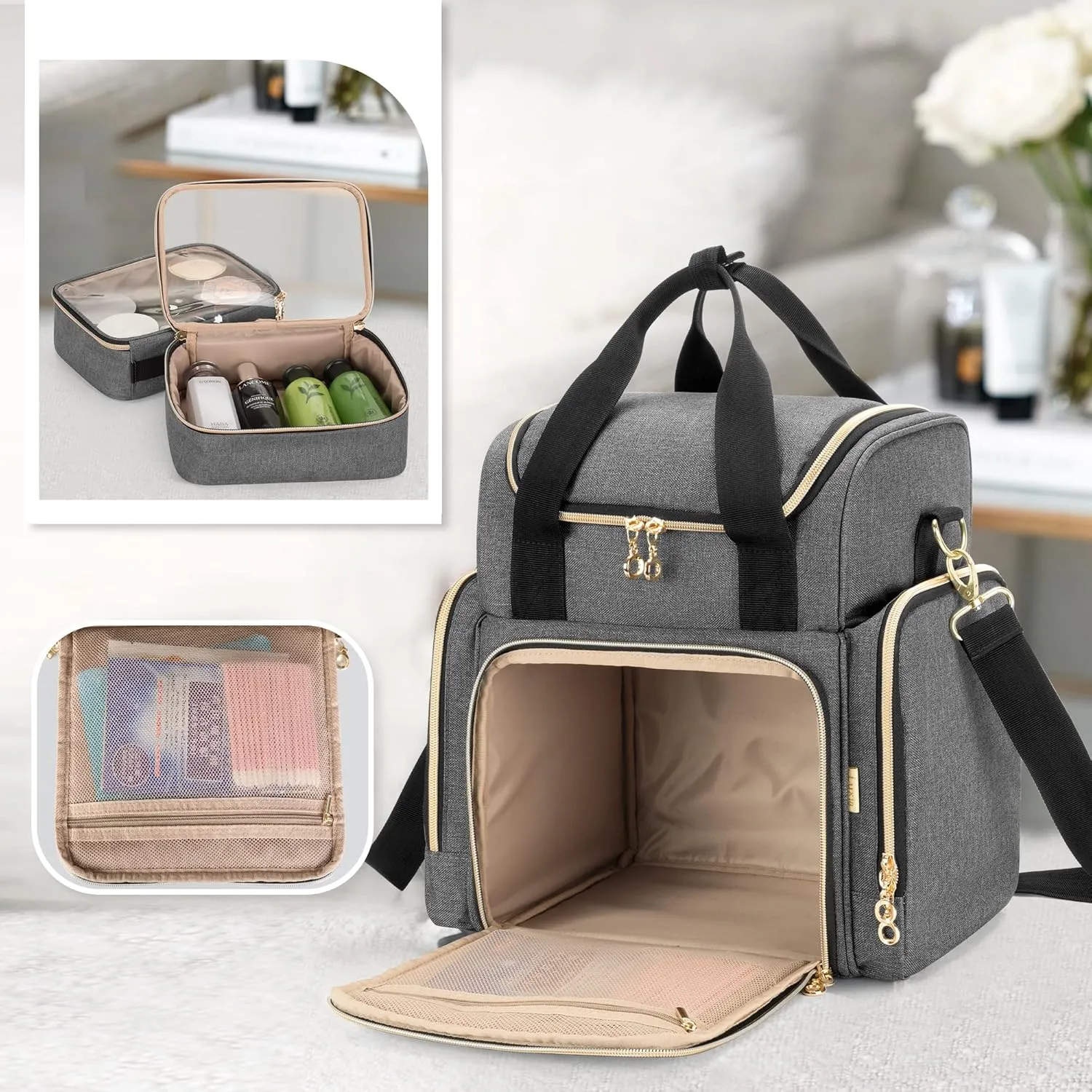 LUXJA Travel Makeup Bag with 2 Removable Cases, Cosmetic Bag with Multiple Storage Sections (Patent Pending), Gray