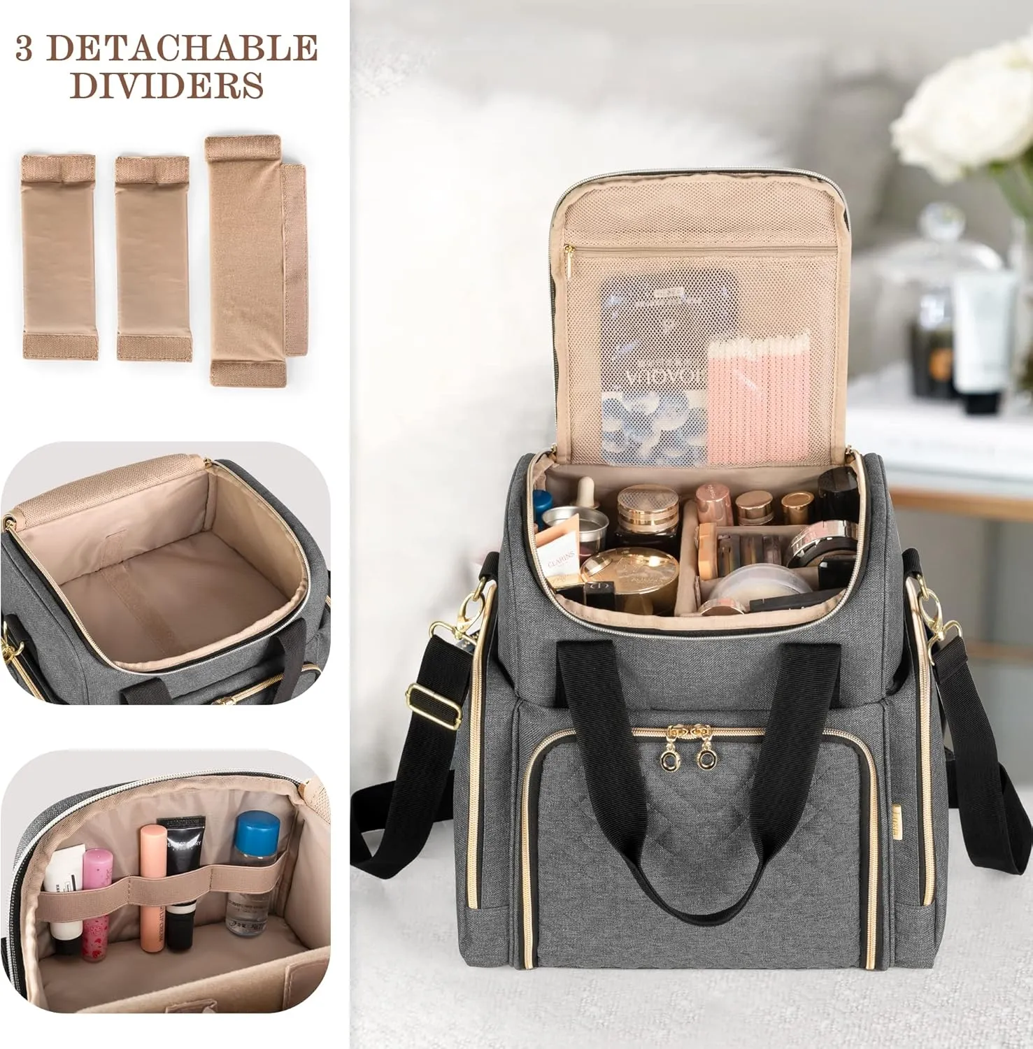 LUXJA Travel Makeup Bag with 2 Removable Cases, Cosmetic Bag with Multiple Storage Sections (Patent Pending), Gray