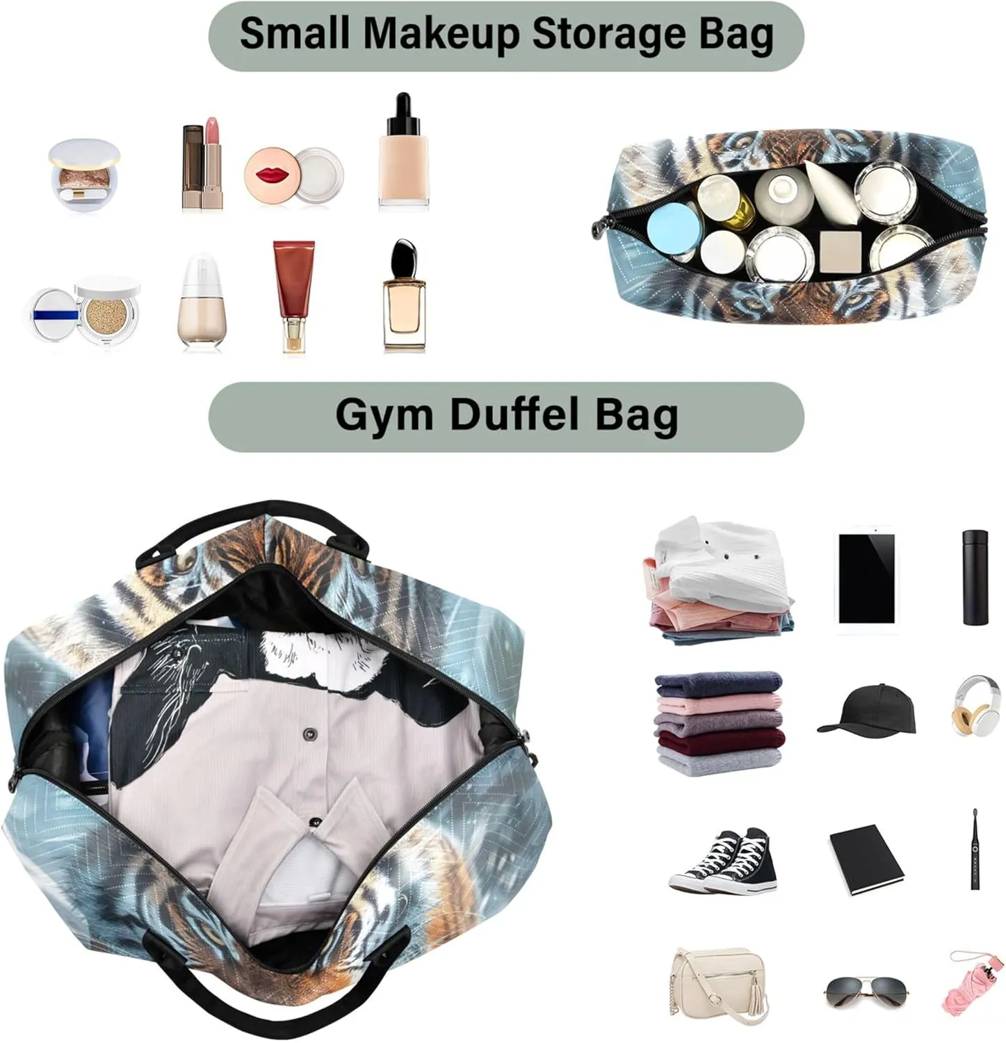Majestic Tiger Print Travel Duffel Bags Cosmetic Bag Set of 2, Print Women Gym Bags Tote Weekender Travel Bag
