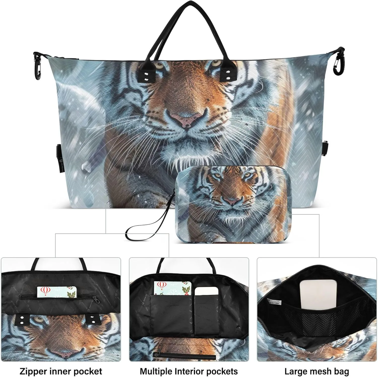 Majestic Tiger Print Travel Duffel Bags Cosmetic Bag Set of 2, Print Women Gym Bags Tote Weekender Travel Bag