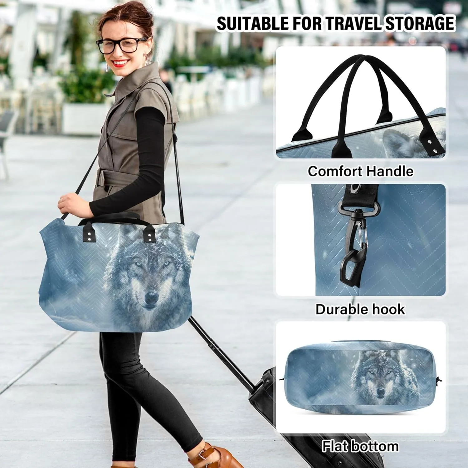 Majestic Wolf Snowfield Travel Duffel Bags Cosmetic Bag Set of 2, Animal Floral Womens Sports Dance Bag Duffle Carry on Bag