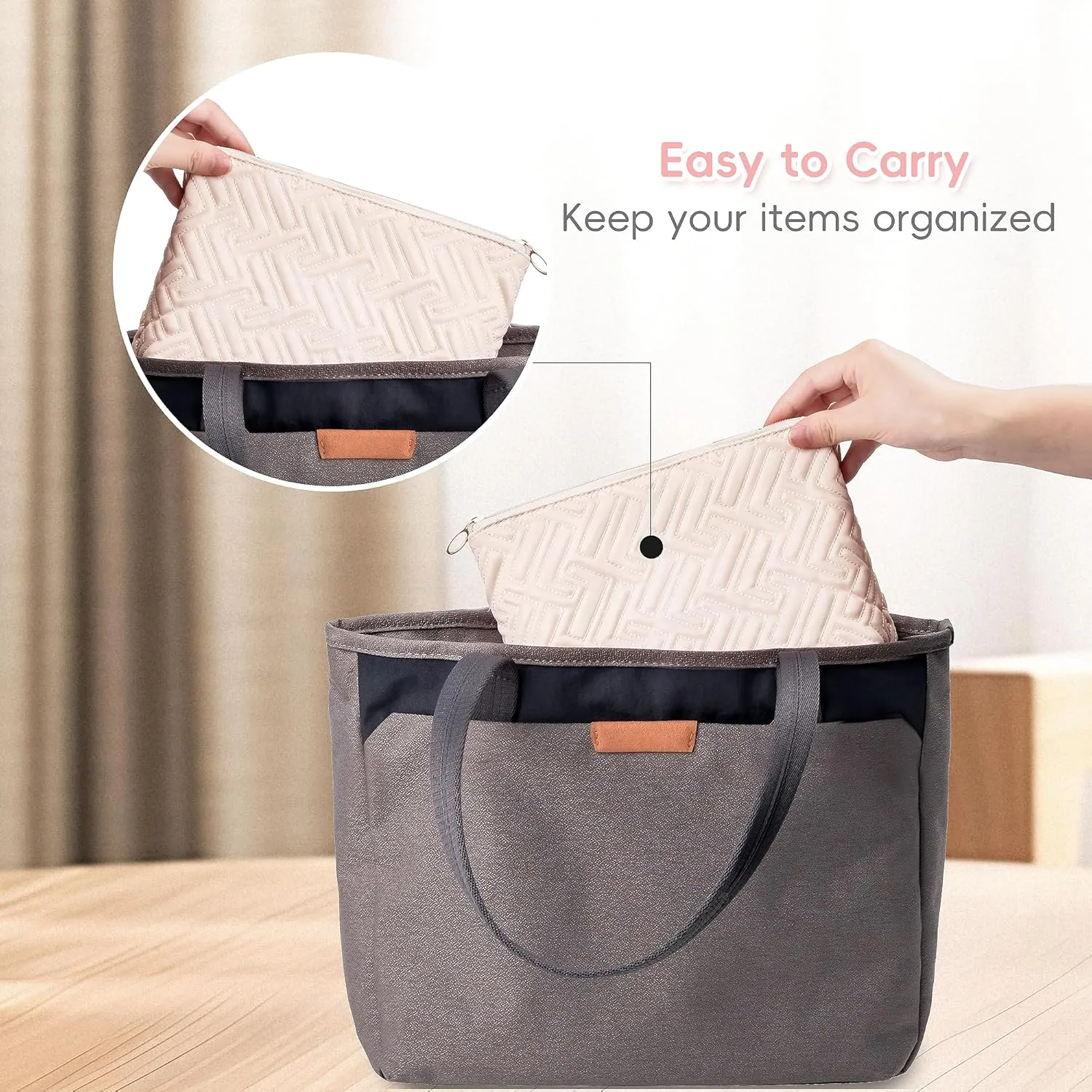 Makeup Bag Travel Essentials Cute Skincare Pouch Purse Cosmetic Bags for Women Traveling Make Up Organizer Portable Clear Case Toiletry Bag with Zipper (Beige, Large)