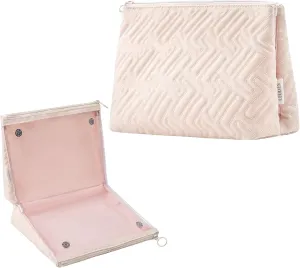 Makeup Bag Travel Essentials Cute Skincare Pouch Purse Cosmetic Bags for Women Traveling Make Up Organizer Portable Clear Case Toiletry Bag with Zipper (Beige, Large)