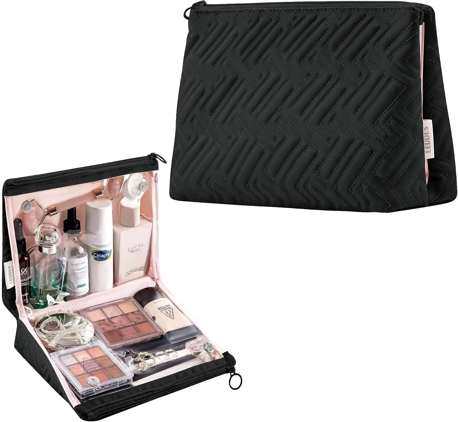 Makeup Bag Travel Essentials Cute Skincare Pouch Purse Cosmetic Bags for Women Traveling Make Up Organizer Portable Clear Case Toiletry Bag with Zipper (Black, Large)