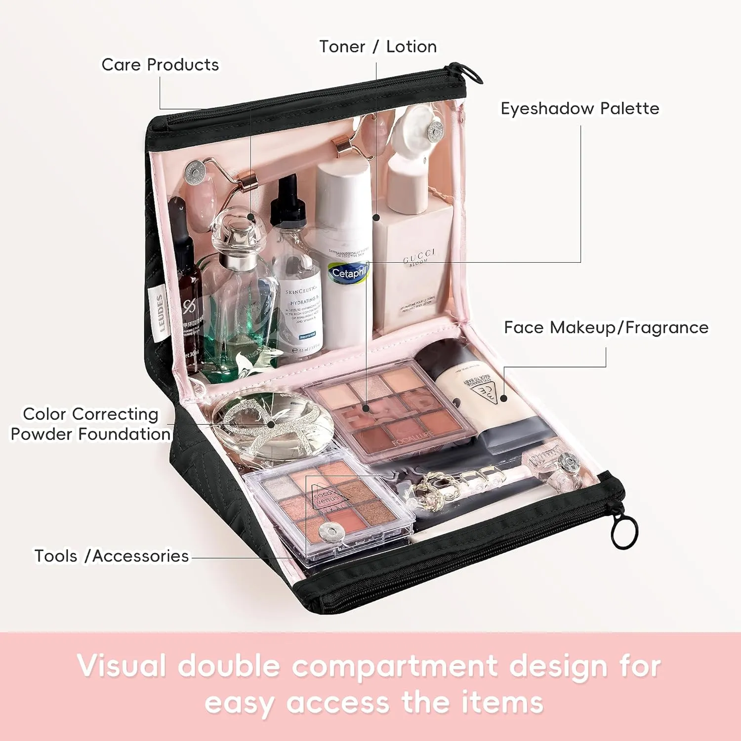 Makeup Bag Travel Essentials Cute Skincare Pouch Purse Cosmetic Bags for Women Traveling Make Up Organizer Portable Clear Case Toiletry Bag with Zipper (Black, Large)