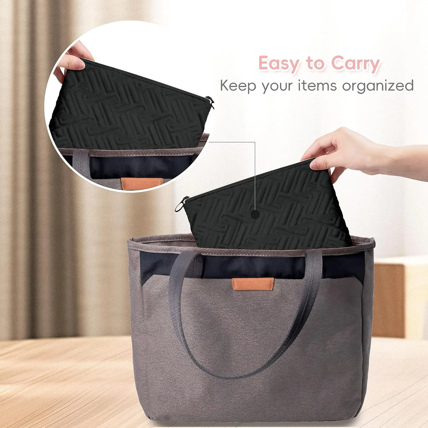 Makeup Bag Travel Essentials Cute Skincare Pouch Purse Cosmetic Bags for Women Traveling Make Up Organizer Portable Clear Case Toiletry Bag with Zipper (Black, Large)