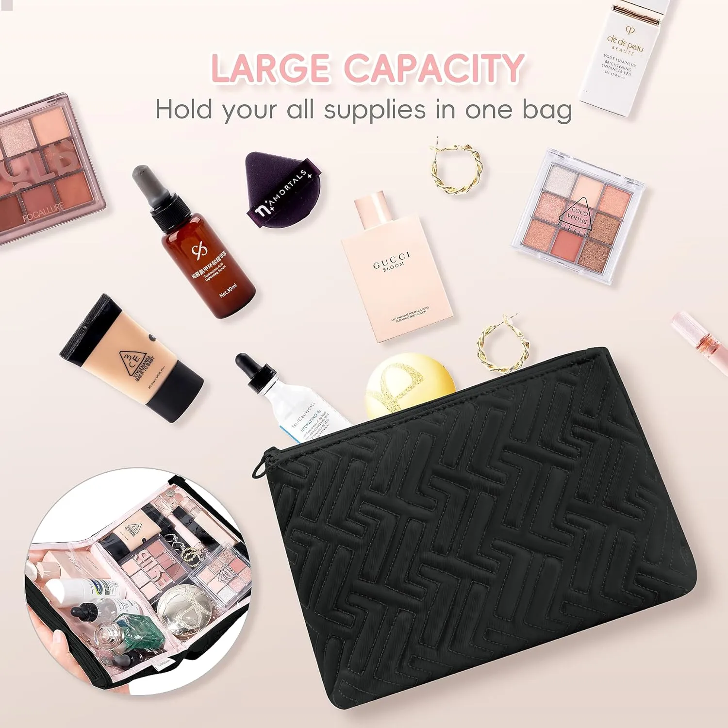 Makeup Bag Travel Essentials Cute Skincare Pouch Purse Cosmetic Bags for Women Traveling Make Up Organizer Portable Clear Case Toiletry Bag with Zipper (Black, Large)