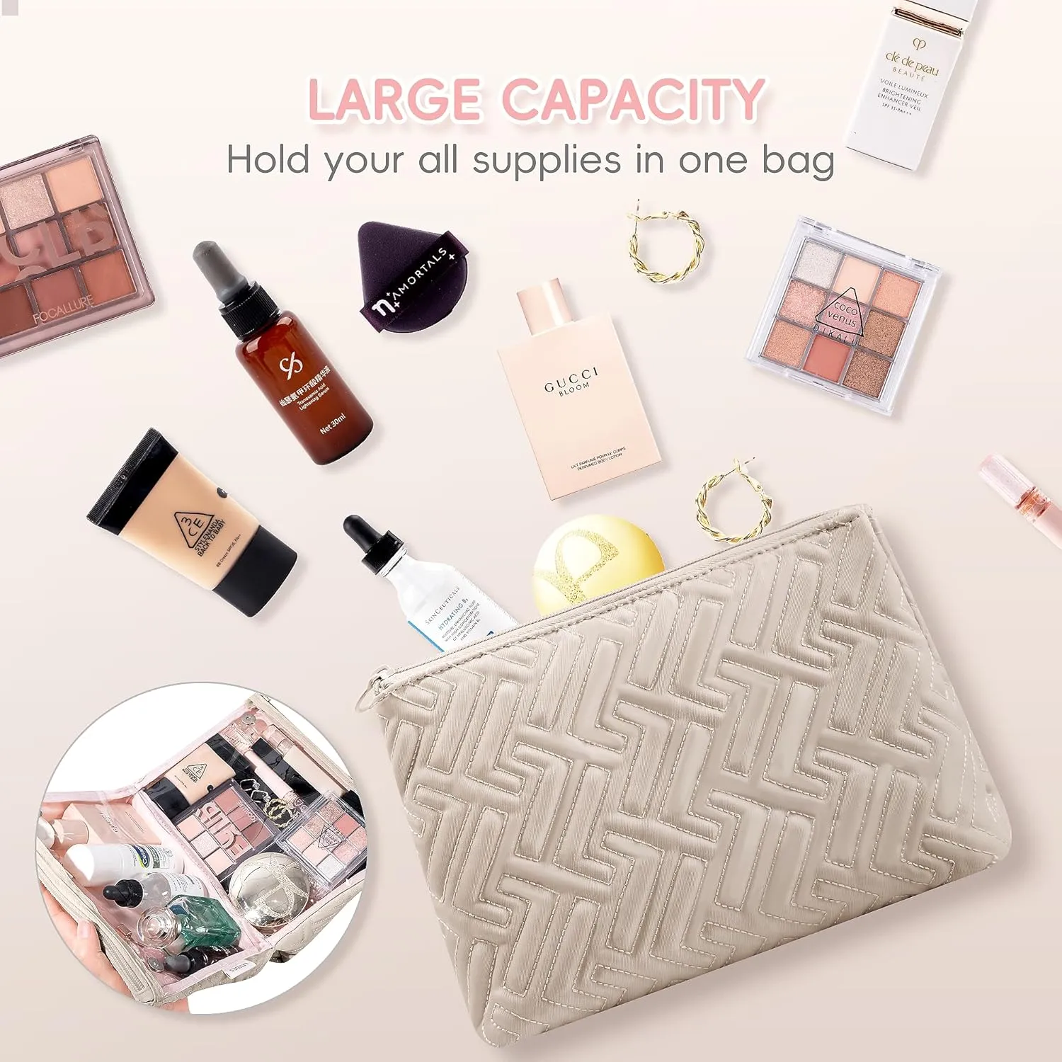 Makeup Bag Travel Essentials Cute Skincare Pouch Purse Cosmetic Bags for Women Traveling Make Up Organizer Portable Clear Case Toiletry Bag with Zipper (Camel, Large)
