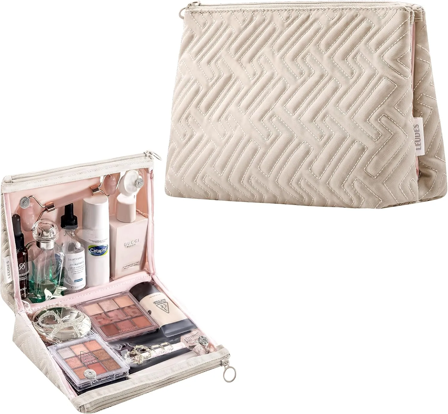 Makeup Bag Travel Essentials Cute Skincare Pouch Purse Cosmetic Bags for Women Traveling Make Up Organizer Portable Clear Case Toiletry Bag with Zipper (Camel, Large)