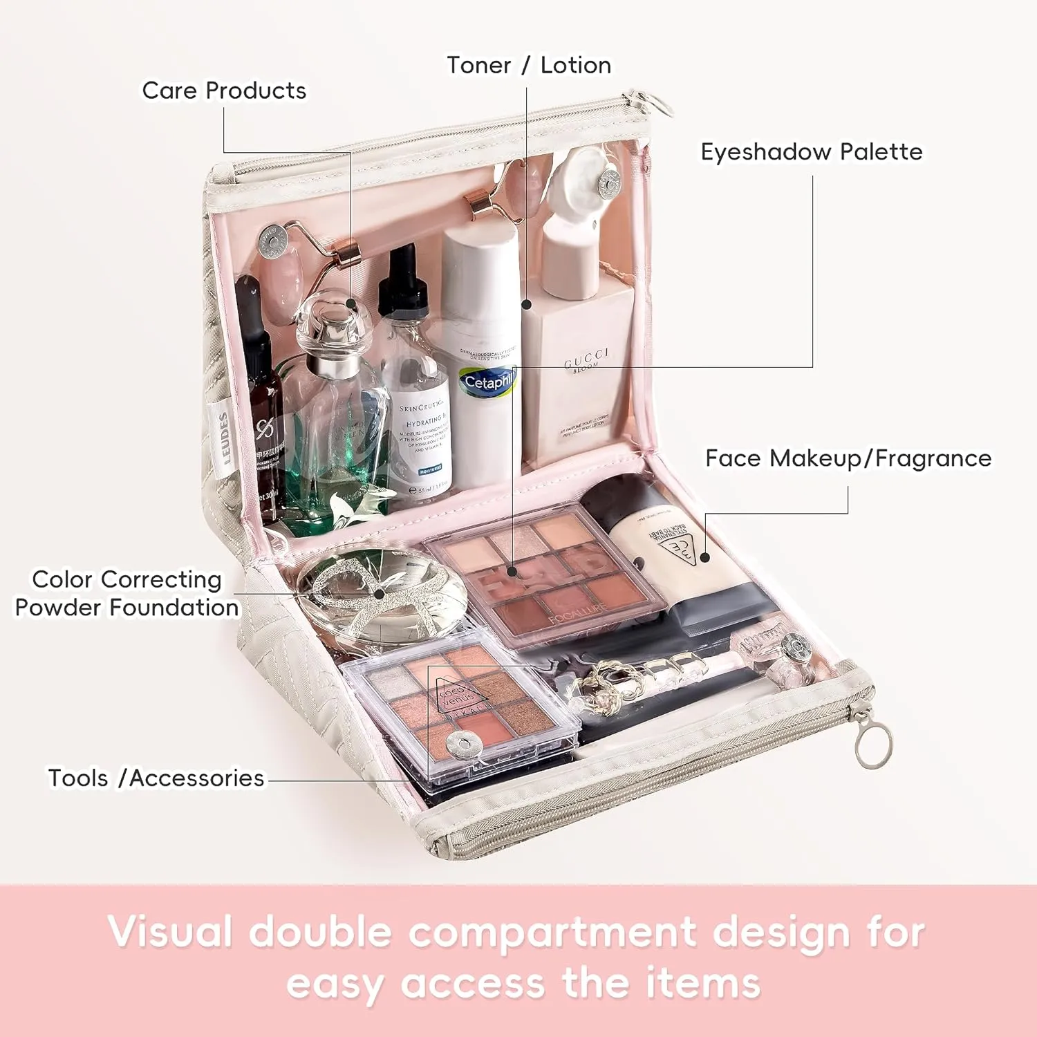 Makeup Bag Travel Essentials Cute Skincare Pouch Purse Cosmetic Bags for Women Traveling Make Up Organizer Portable Clear Case Toiletry Bag with Zipper (Camel, Large)
